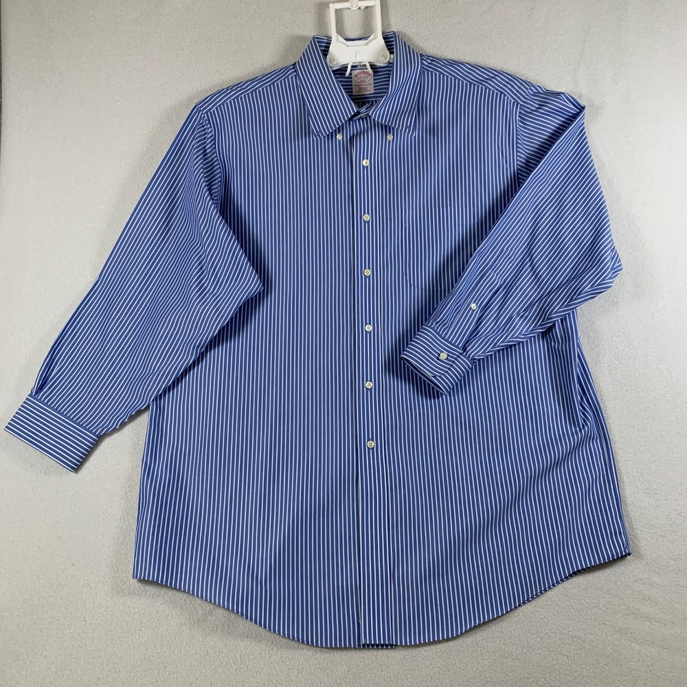 Brooks Brothers Men 17.5 2-3 Blue White Stripe Button Down Shirt Non Iron Cotton